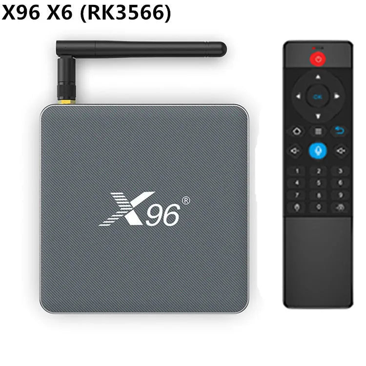 Android smart TV set-top box with remote control, HDMI cable and power adapter.