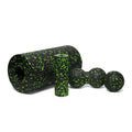 Three-piece yoga column peanut ball set in black and blue with EPP foam half roller, lacrosse ball, and peanut massage ball
