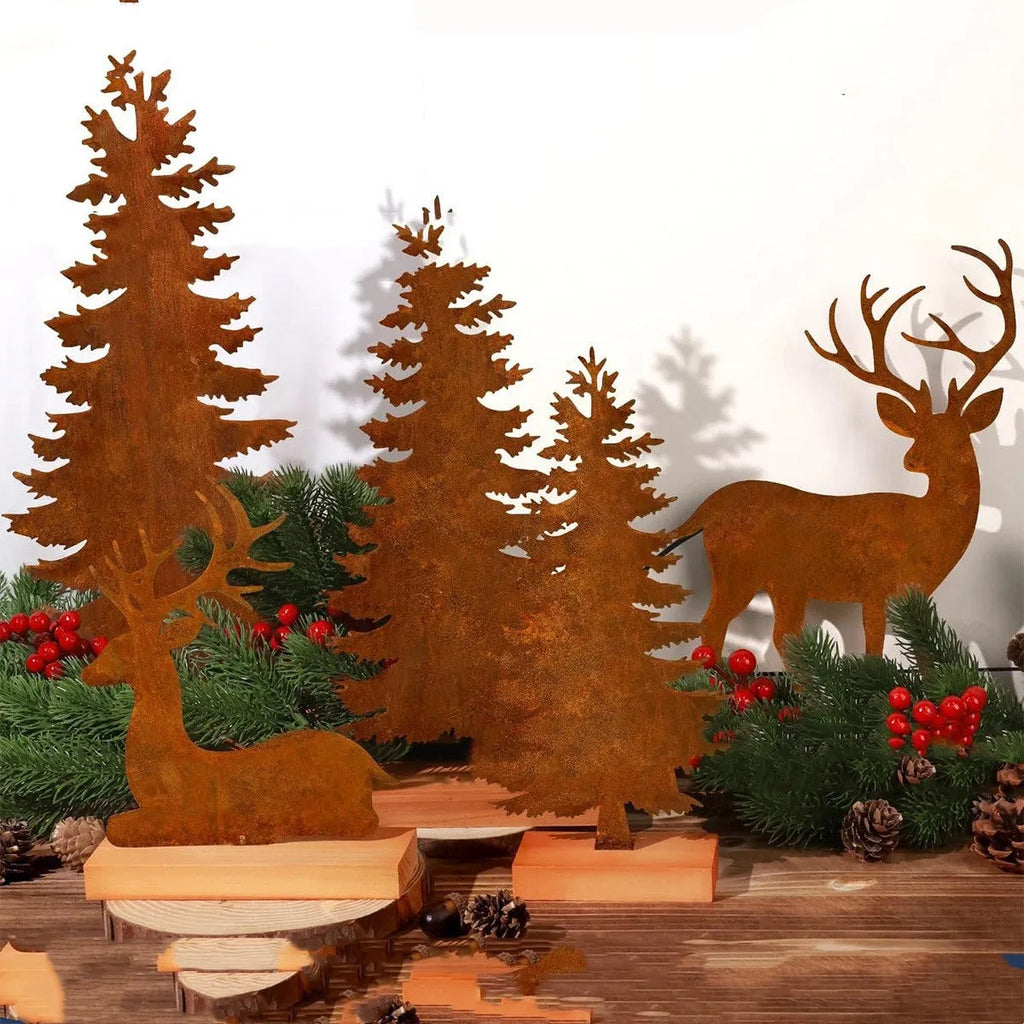 Three rustic iron metal Christmas tree ornaments featuring elk silhouettes, American style.