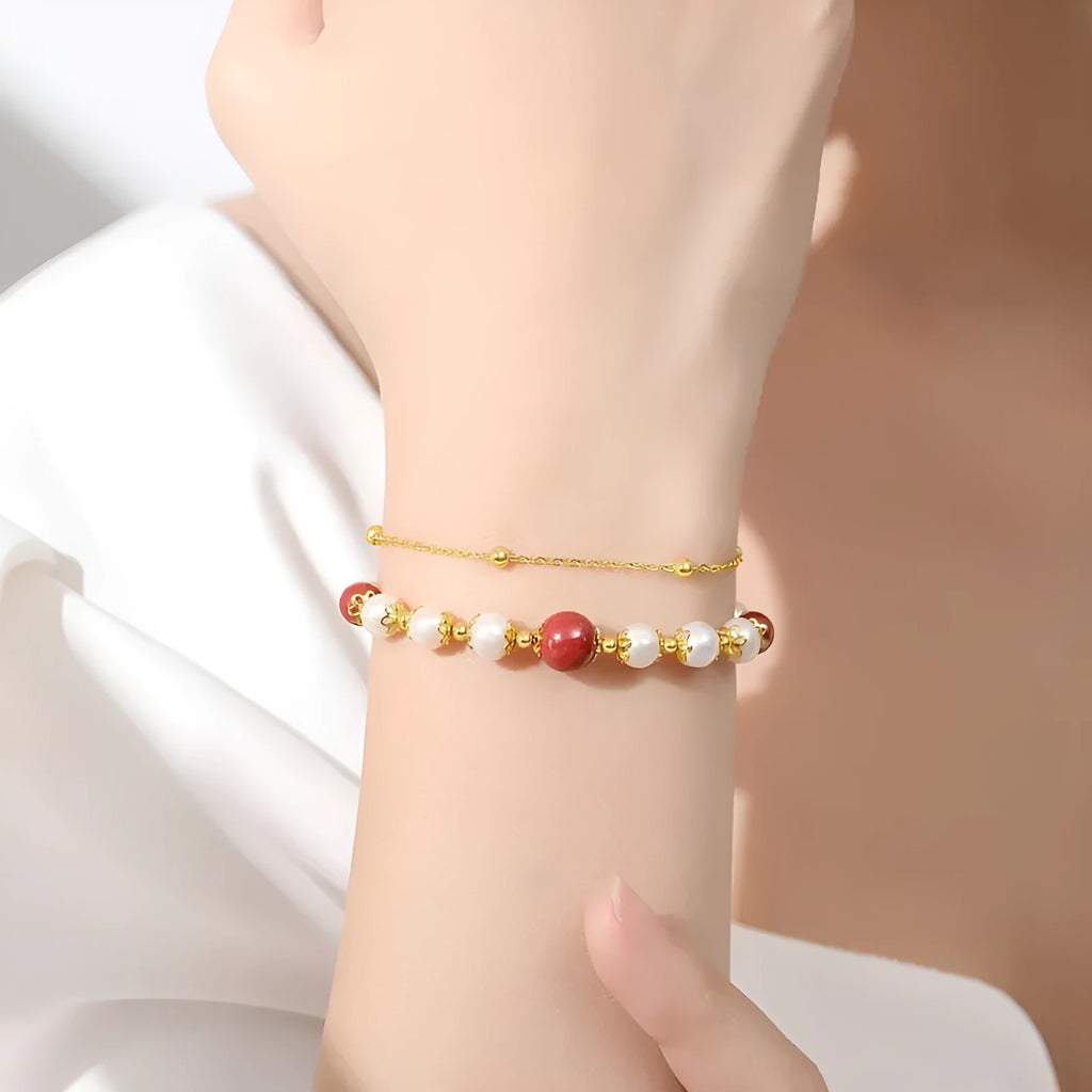 Sterling silver double-layer bracelet with freshwater pearls in white moonlight and cinnabar mole colours