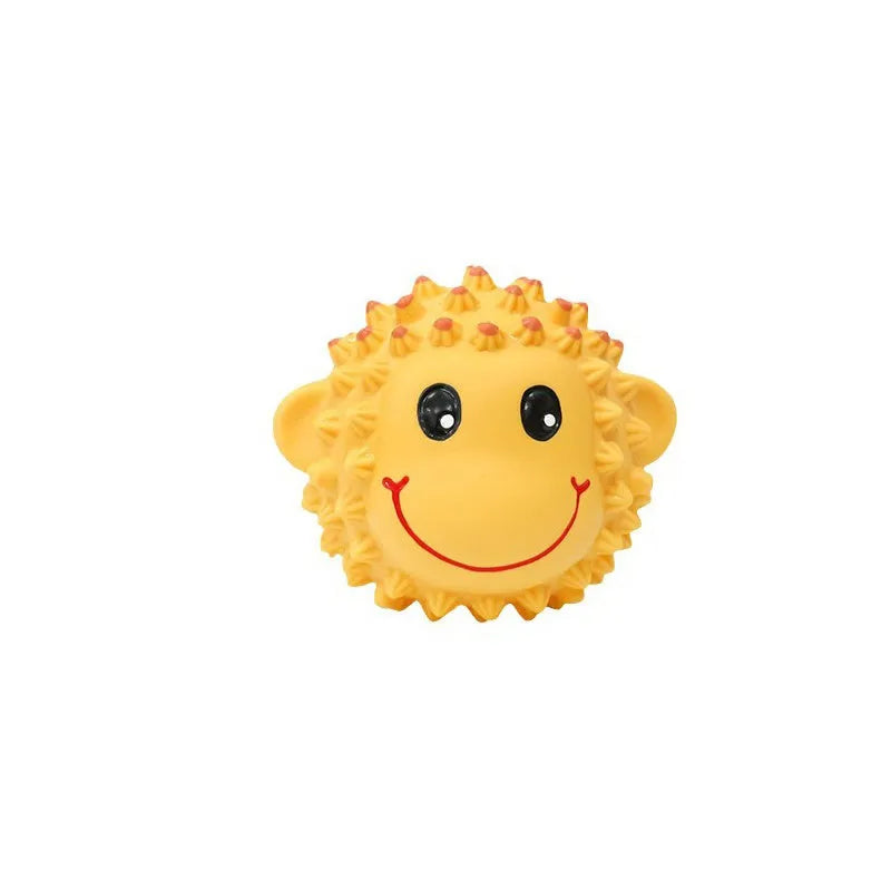 Orange and yellow latex squeaky dog toy with spiky texture for teeth cleaning