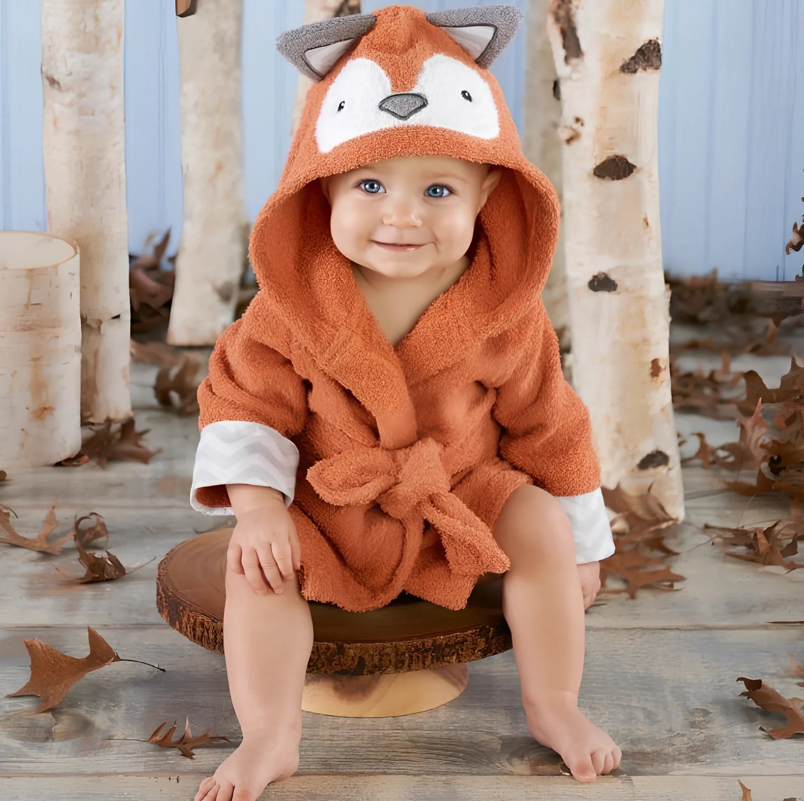 Cotton baby bathrobe with animal hood showing panda design, belt fastening, and absorbent fabric