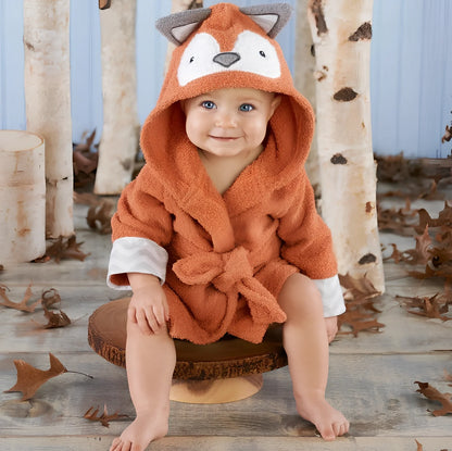 Cotton baby bathrobe with animal hood showing panda design, belt fastening, and absorbent fabric
