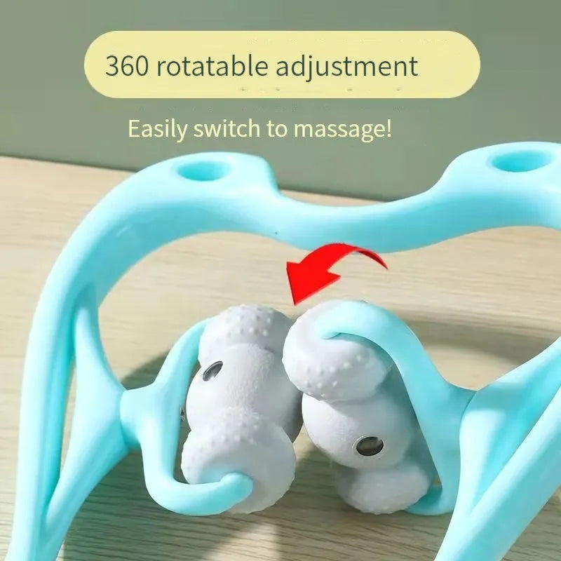 Blue handheld neck massager roller with 96 pressure point nodes on a white background.