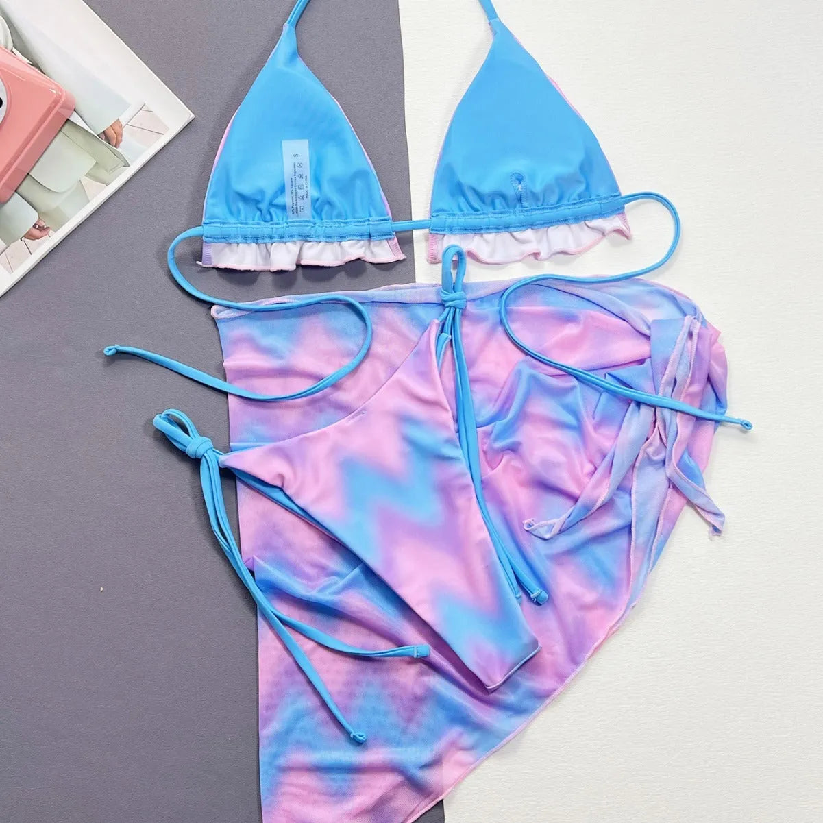 Women's split tie-dye swimsuit bikini set with skirt, bra and panties in picture colour