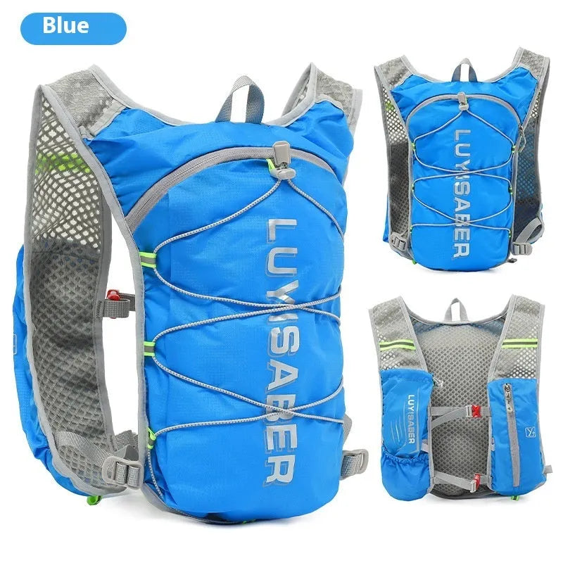 Multifunctional nylon running backpack with reflective strips in blue, purple, black, light grey, orange or cyan.