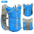 Multifunctional nylon running backpack with reflective strips in blue, purple, black, light grey, orange or cyan.