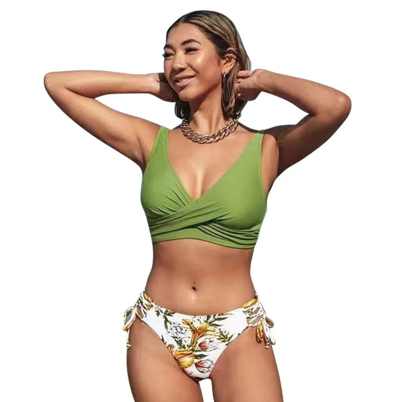Yellow green women's halter bikini with lace-up front and split high-cut briefs.