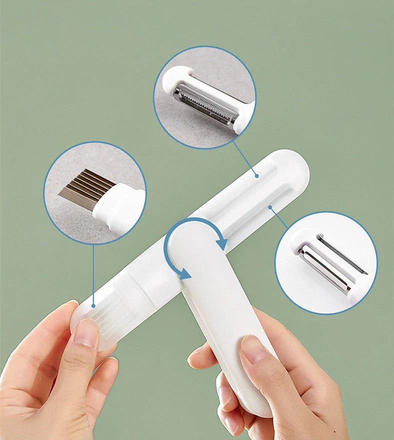 3-in-1 rotary paring knife with stainless steel peeler and grater, compact kitchen tool