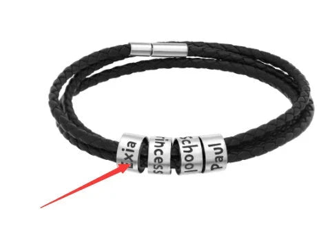 Personalized braided leather bracelet with engraved charm for men, available in black, brown, and navy colors