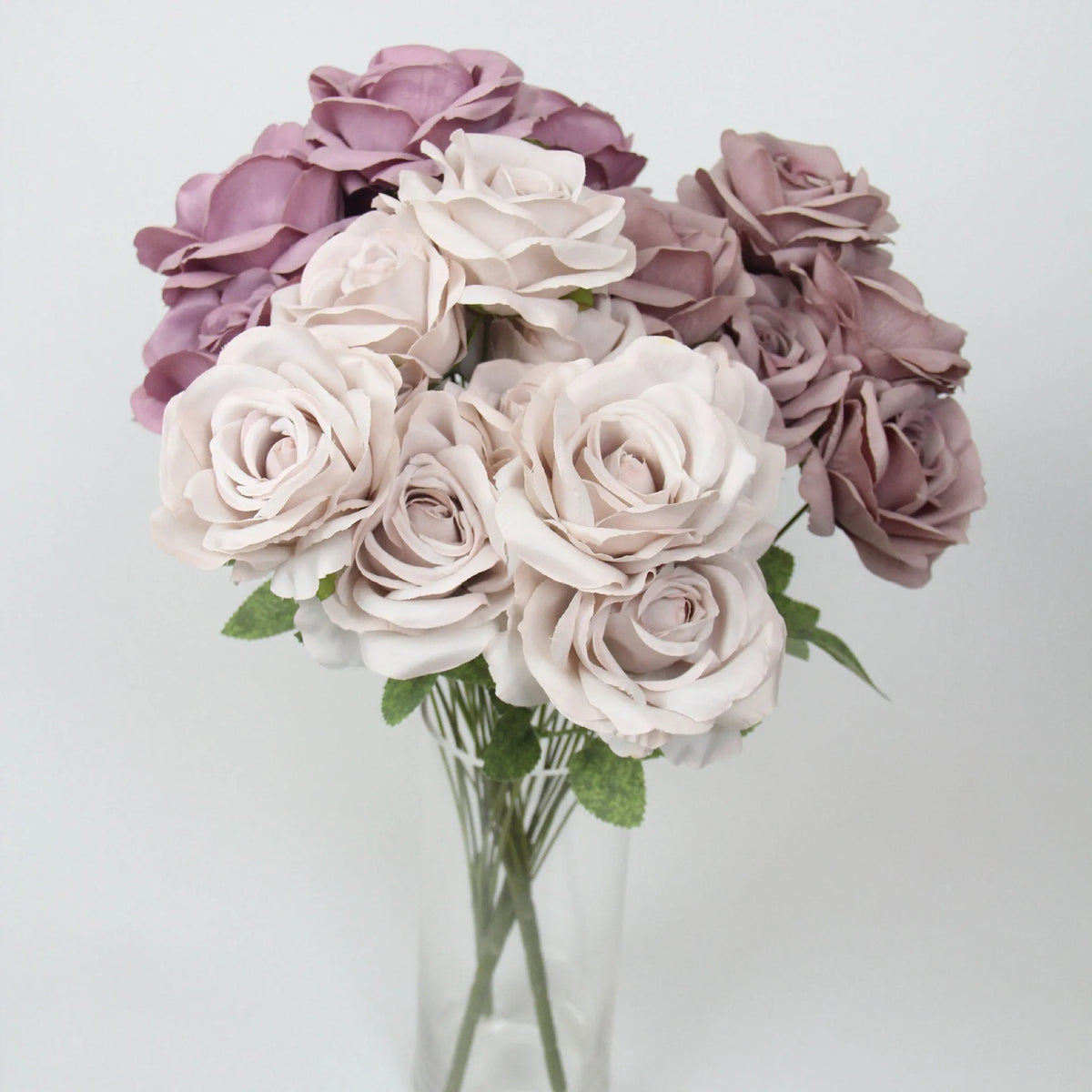 Simulation 10-head rose artificial silk flower in white, 53cm tall, for wedding decoration