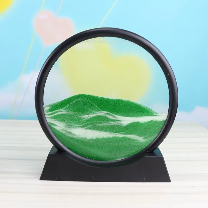3D dynamic sand painting art decoration with green quicksand in a polished glass frame, 7 inch size