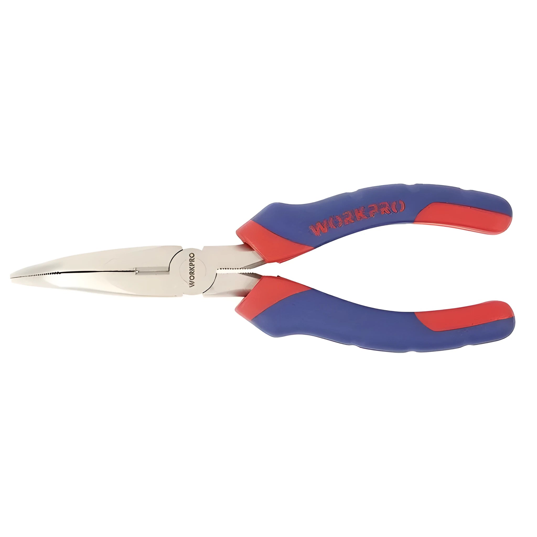 Curved nose pliers with blue double-colour rubber-sleeved handles for precision electronic work