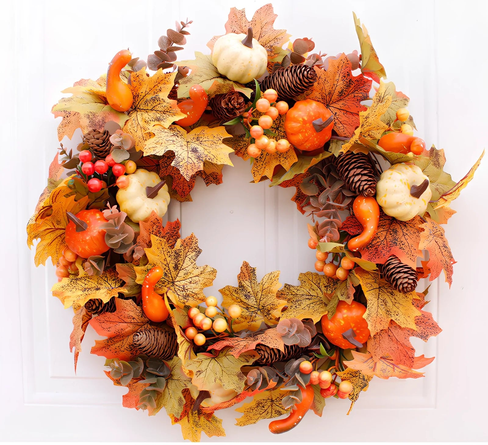 Autumn pumpkin wreath with 50cm diameter featuring fabric leaves and simulation pumpkins