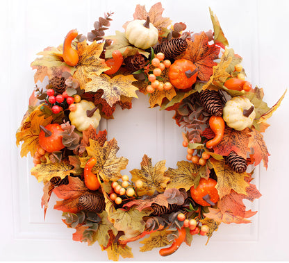 Autumn pumpkin wreath with 50cm diameter featuring fabric leaves and simulation pumpkins