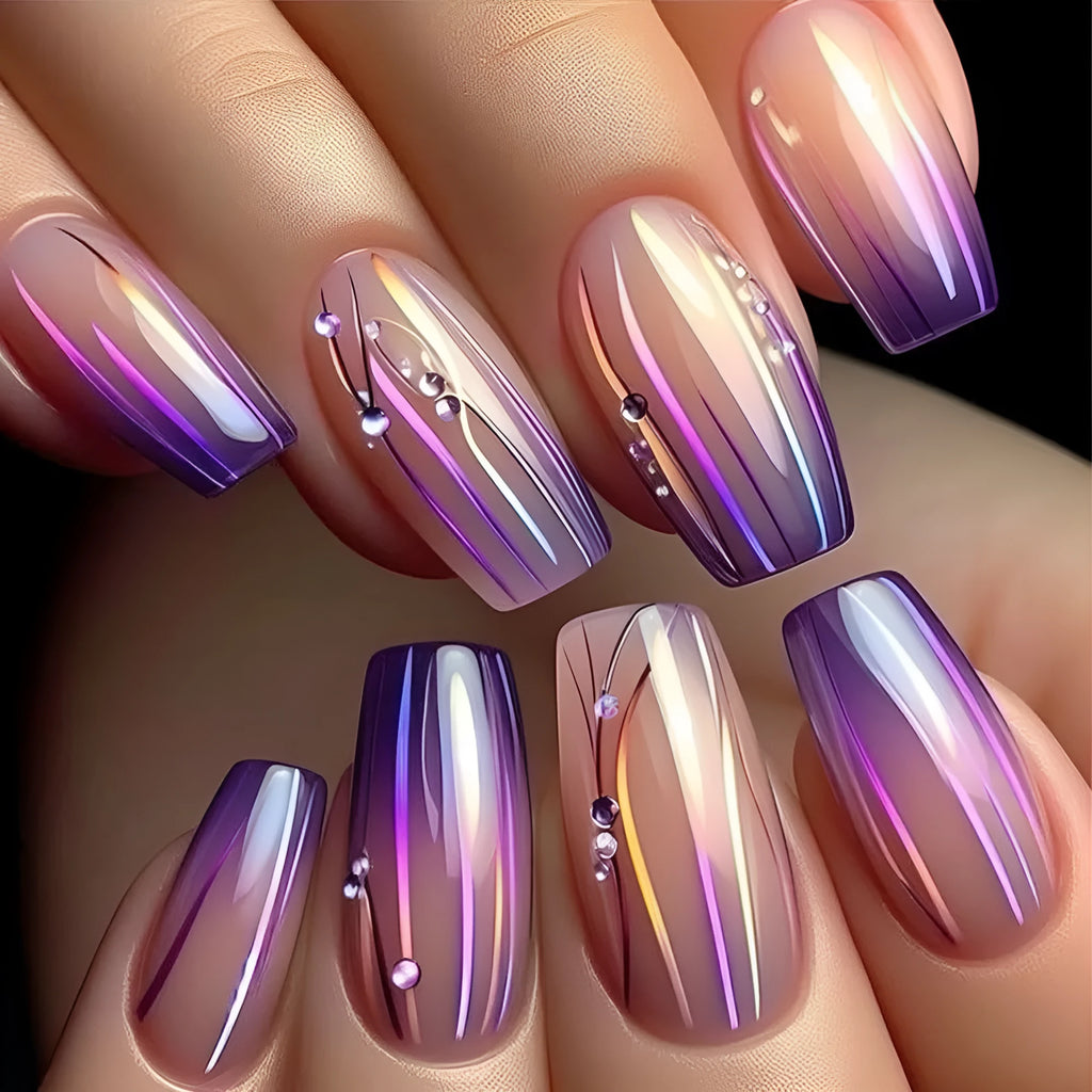 Magic purple gradient nail stickers with starry sky pattern, jelly glue, and 24 decals on a pink background.