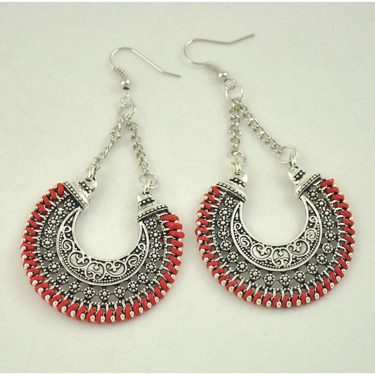 Bohemian Vintage Earrings with hand-woven rope and alloy meniscus flower basket design