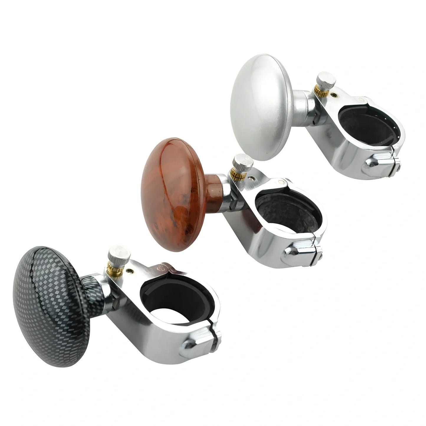 Adjustable stainless steel steering wheel booster in black, fitting up to 32mm thick rims for cars