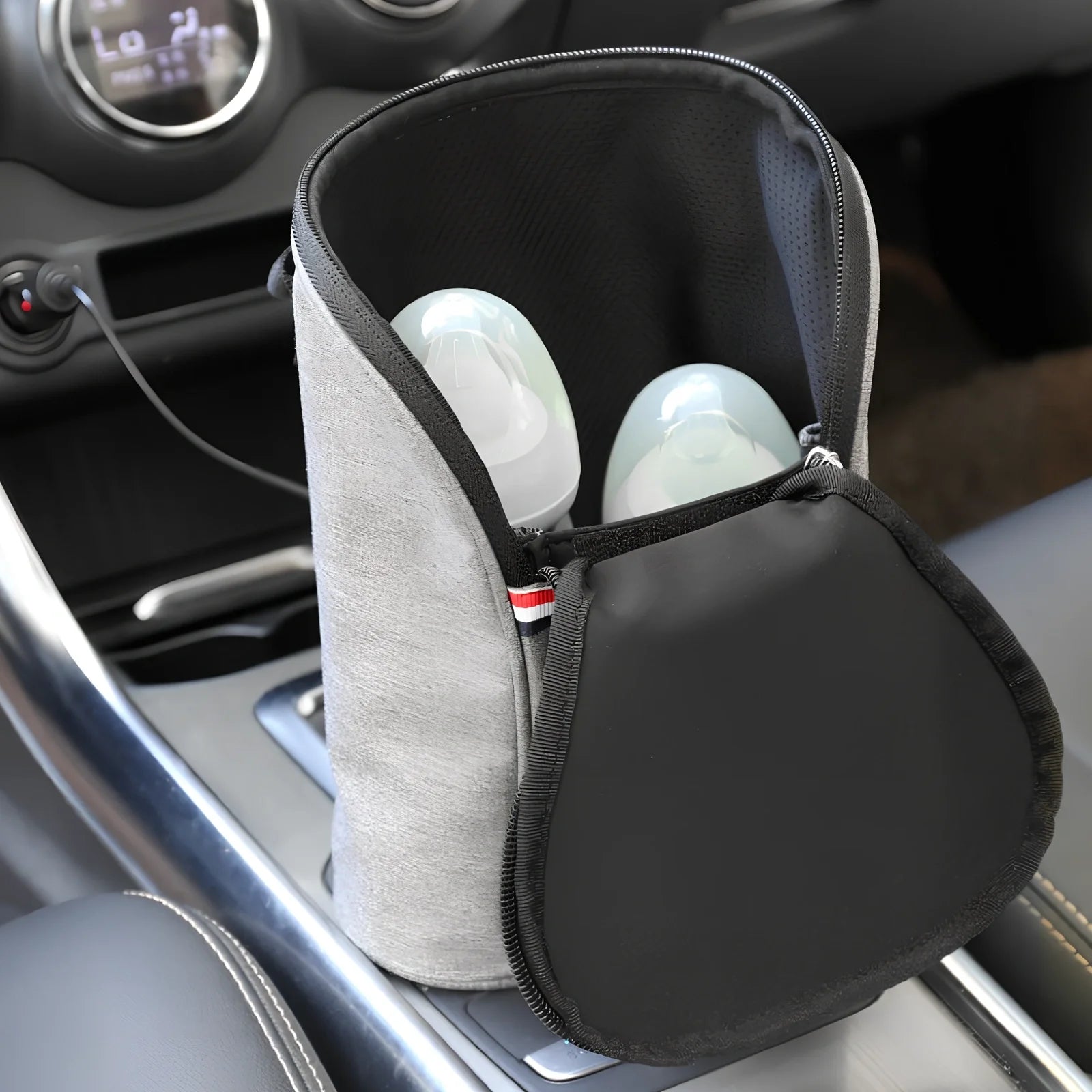 Grey portable baby bottle warmer with electronic display and car charger for 12V vehicle use