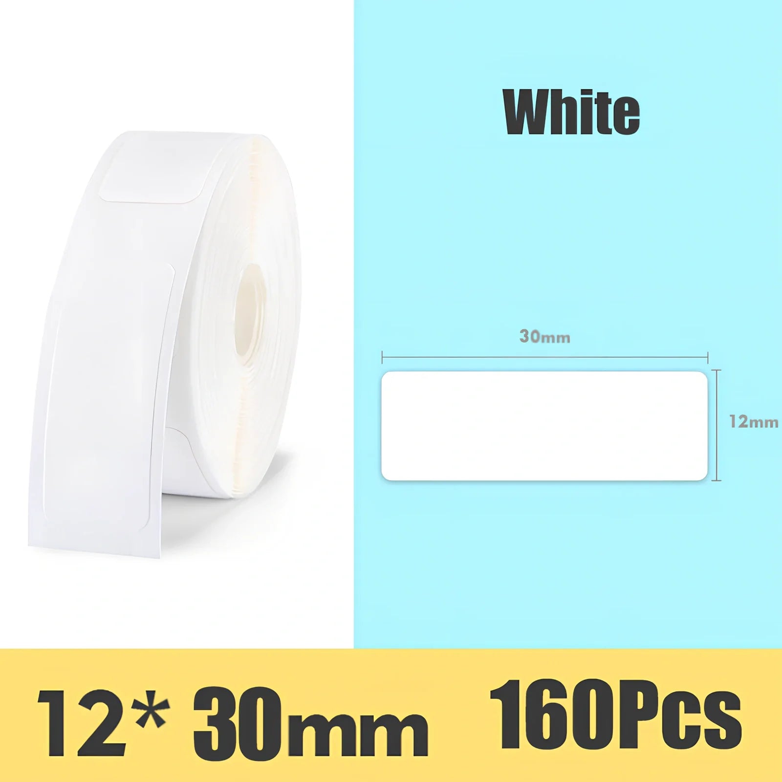 Pack of white D11 waterproof thermal label paper, 12x40mm size, showing clear printed text on resistant surface