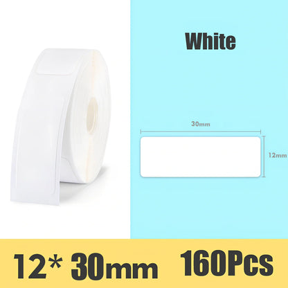Pack of white D11 waterproof thermal label paper, 12x40mm size, showing clear printed text on resistant surface