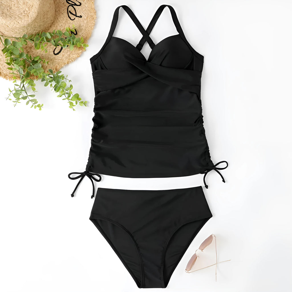 Women's black nylon high waist bikini set with slim fit briefs.
