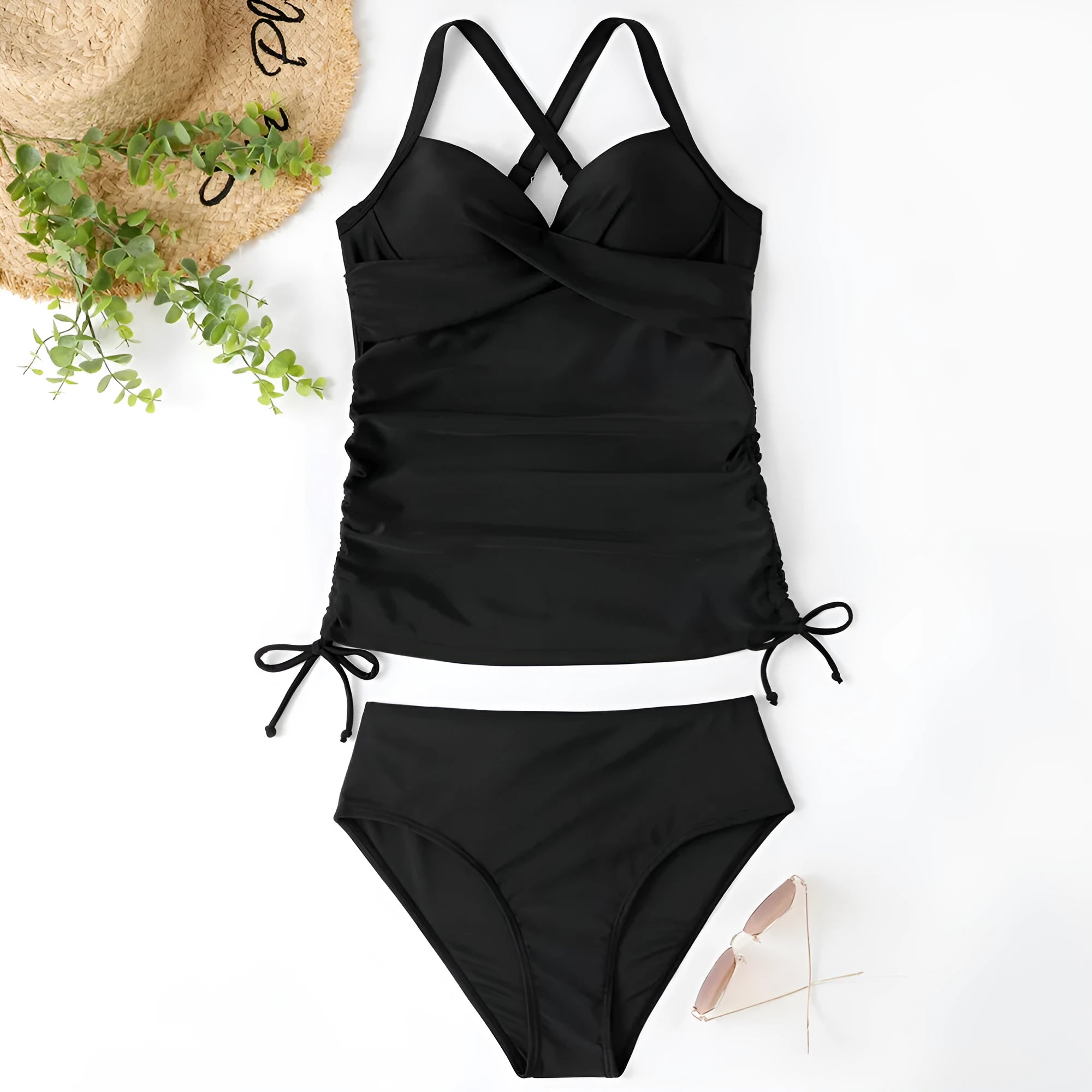 Women's black nylon high waist bikini set with slim fit briefs.