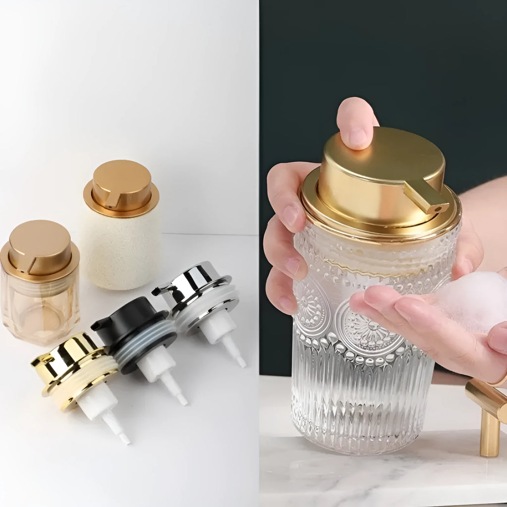 Large pump head facial cleanser foam dispenser in metallic finish