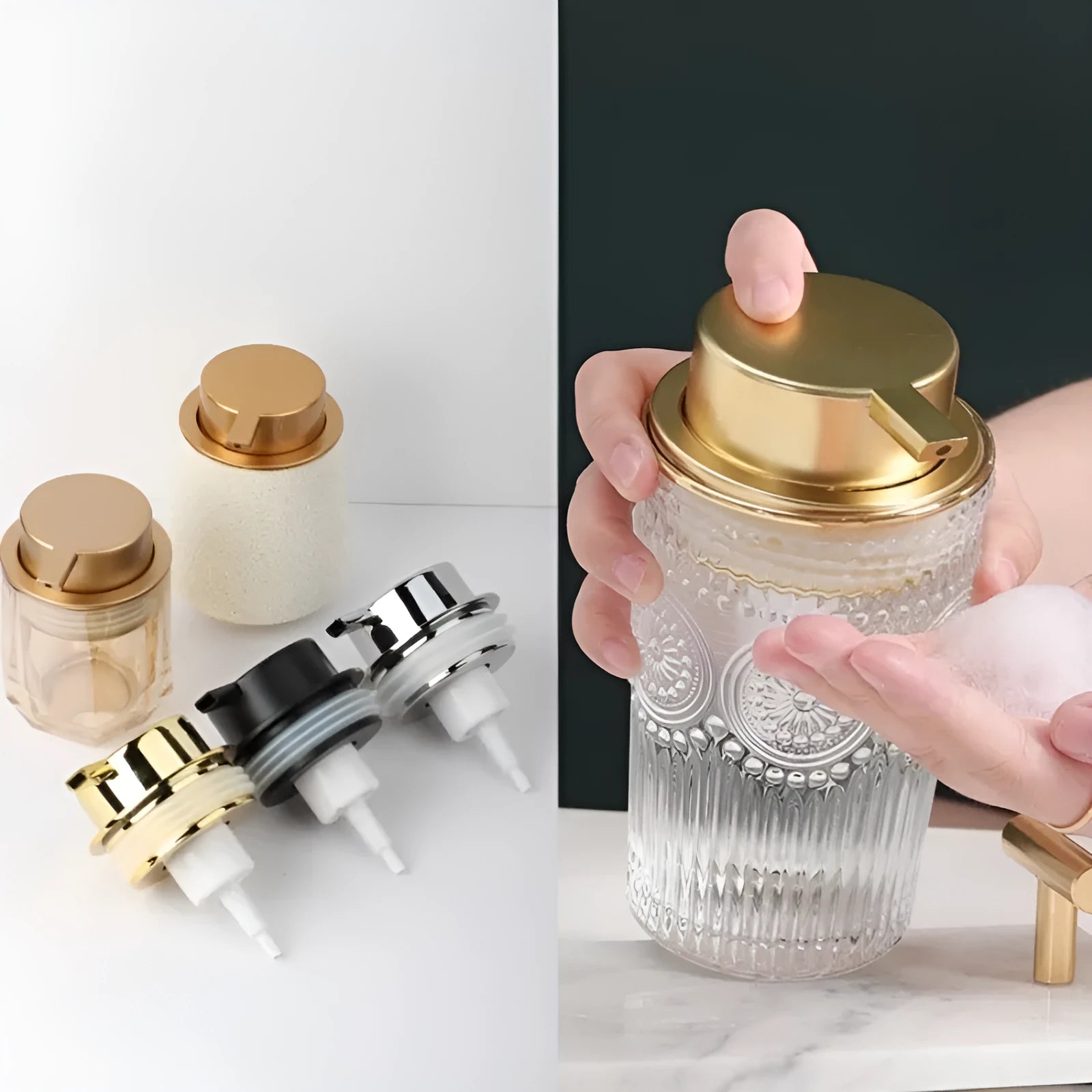 Large pump head facial cleanser foam dispenser in metallic finish