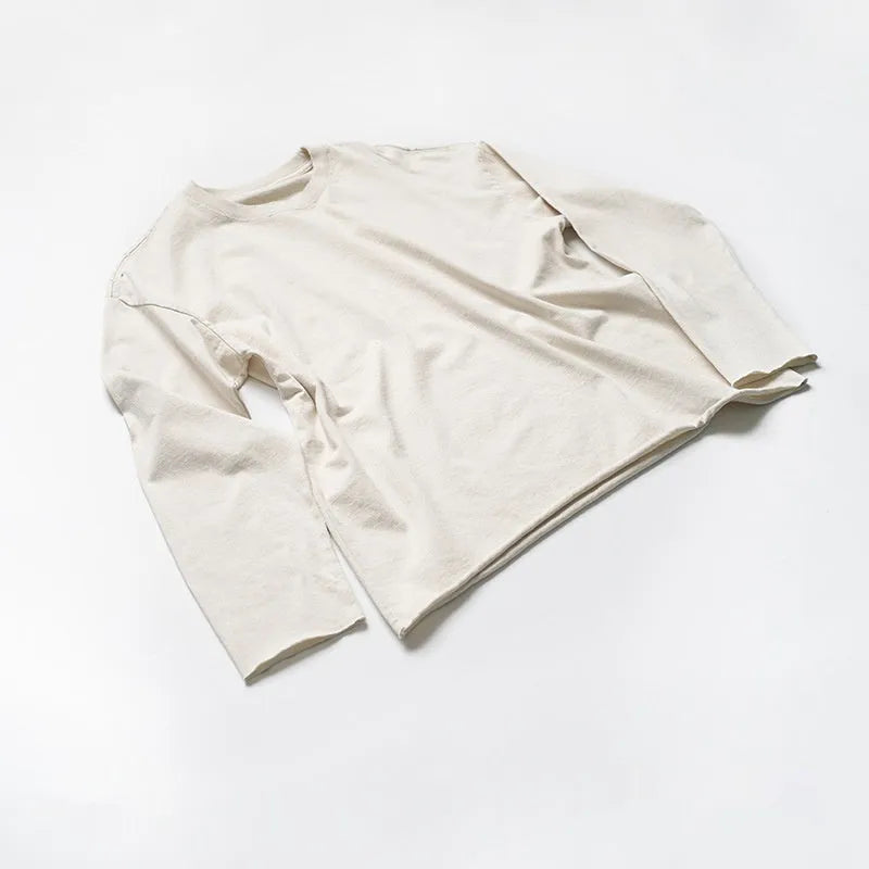 Men's cotton round neck long sleeve T-shirt in apricot, loose fit, solid colour, front view