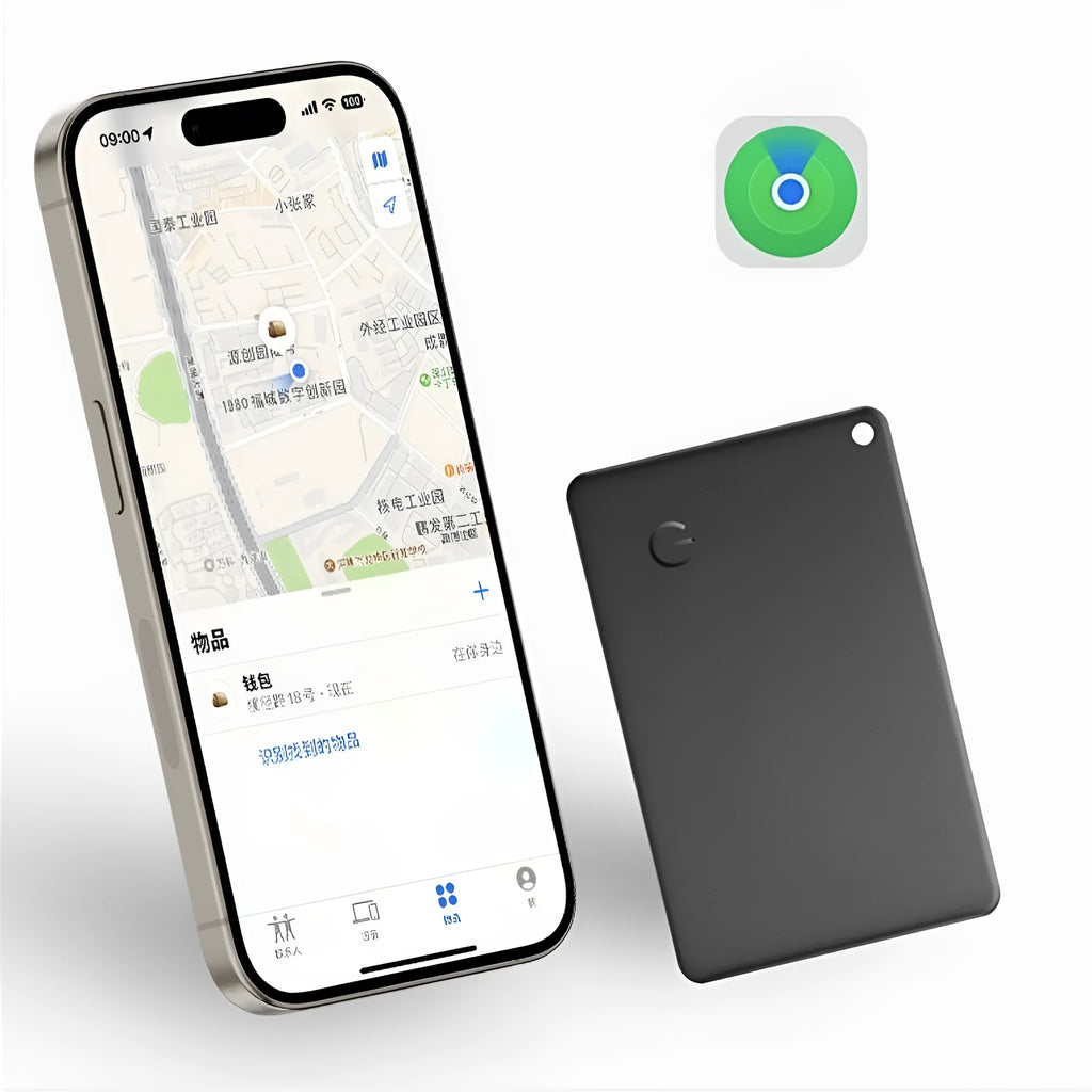Card-shaped global positioning search locator in ABS material with slim profile for iPhone users