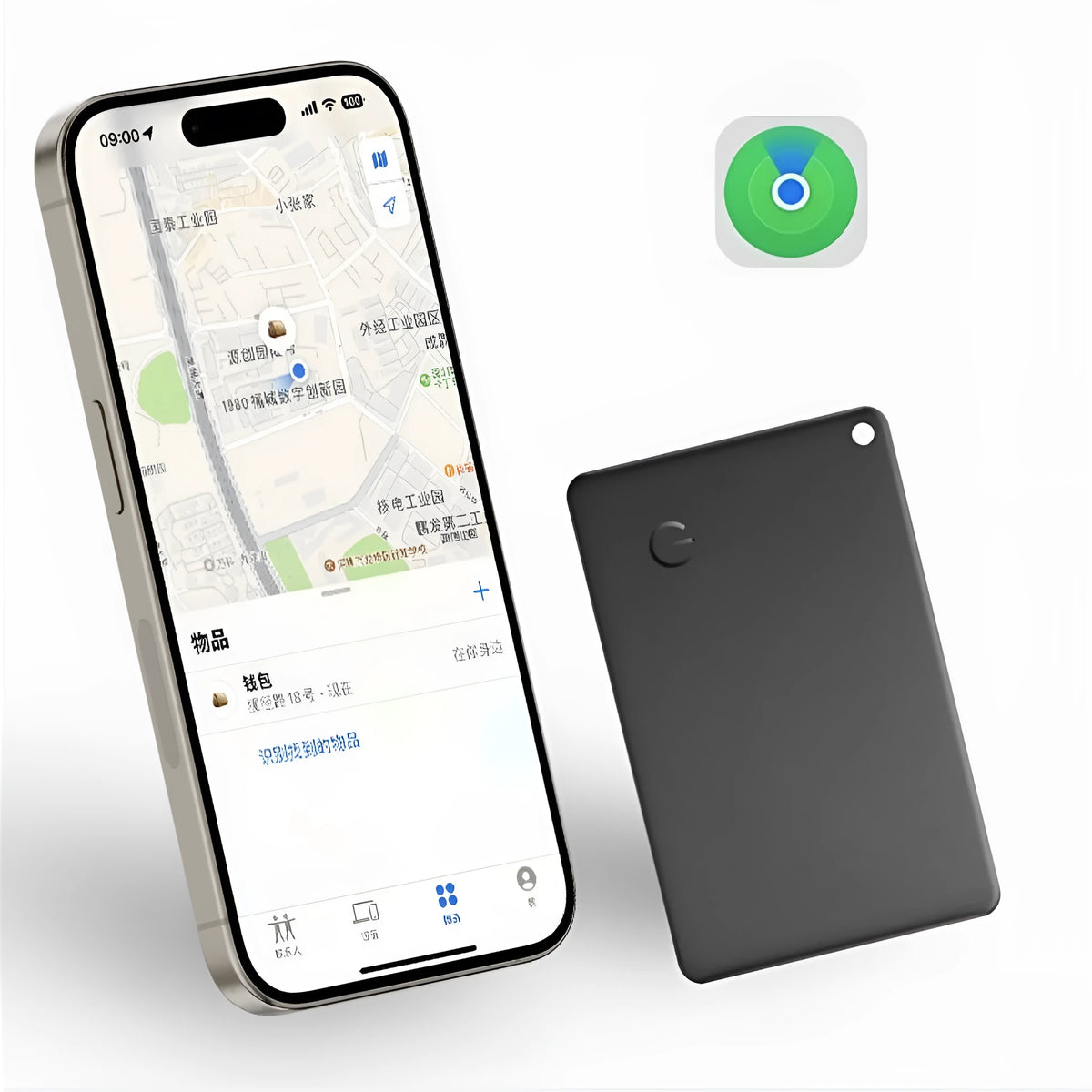 Card-shaped global positioning search locator in ABS material with slim profile for iPhone users
