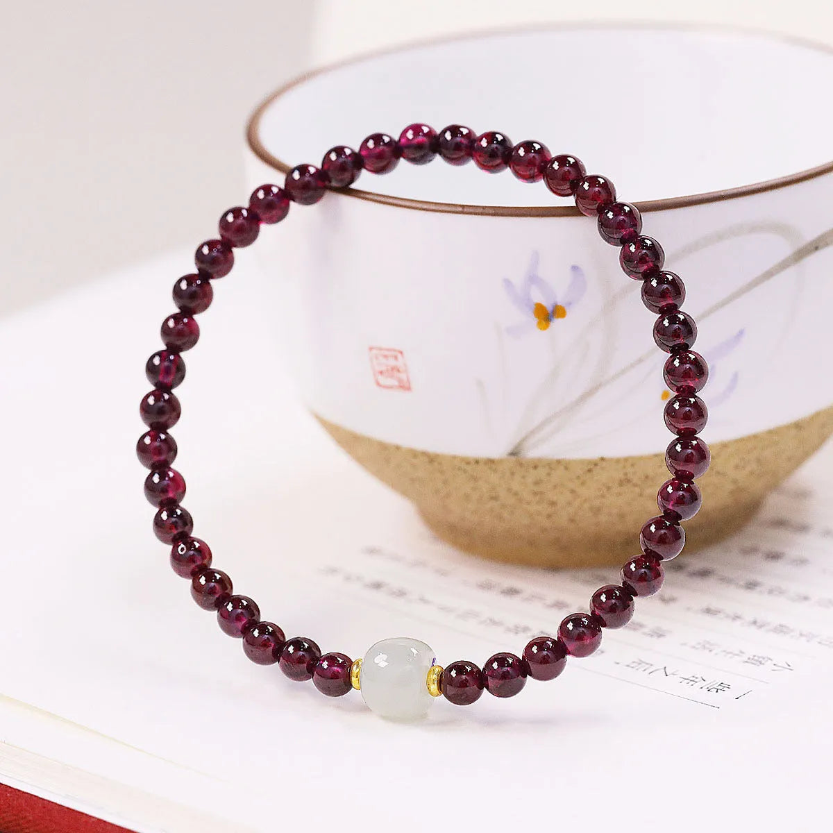 Natural garnet U-shaped womens bracelet in 18mm size with 4mm or 6mm stone options.