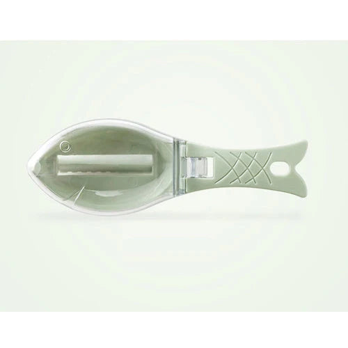 Fish scale scraper in white, green, and blue with hanging hole for easy storage