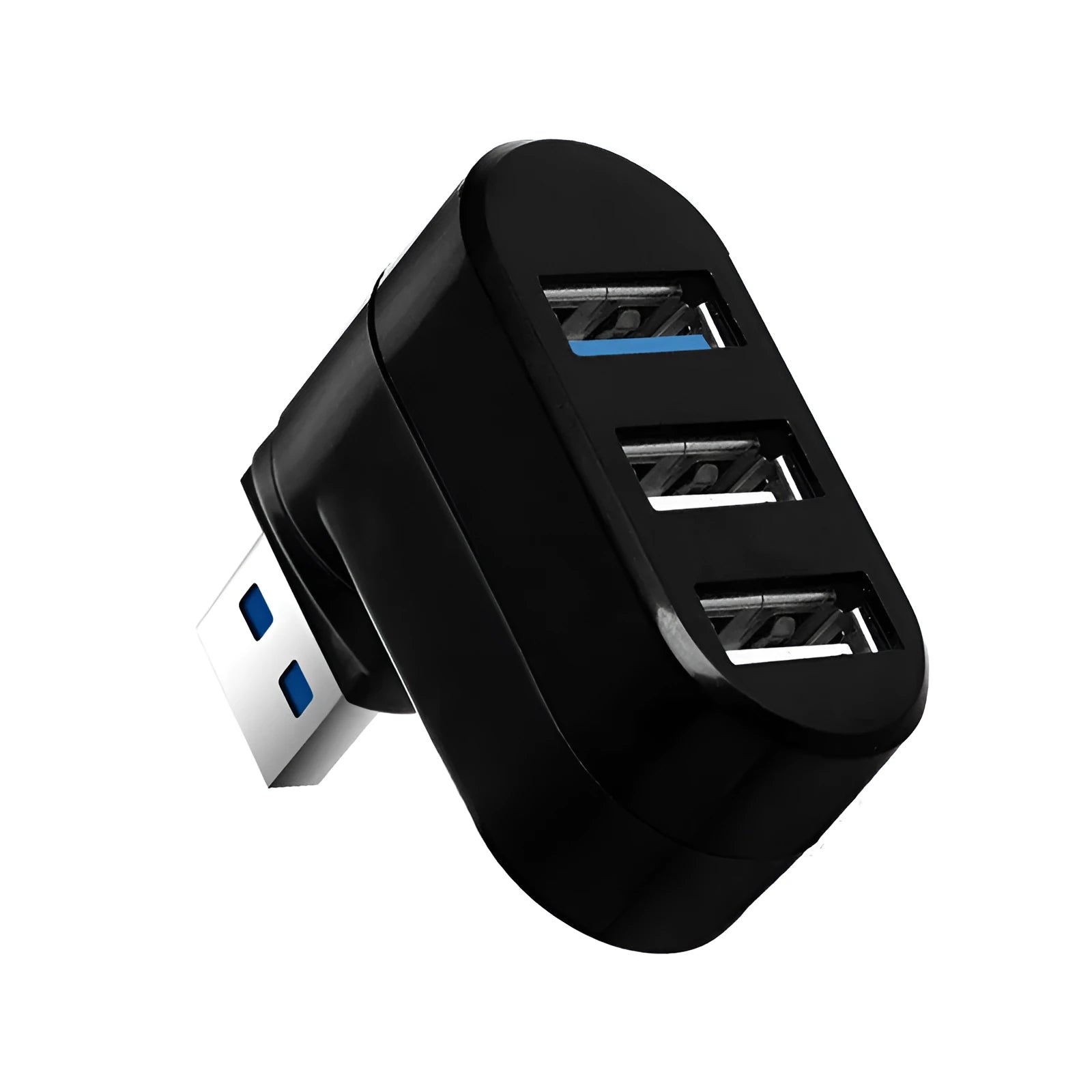 Black or white 4-port USB 3.0 hub with a compact ABS plastic shell on blister card packaging.