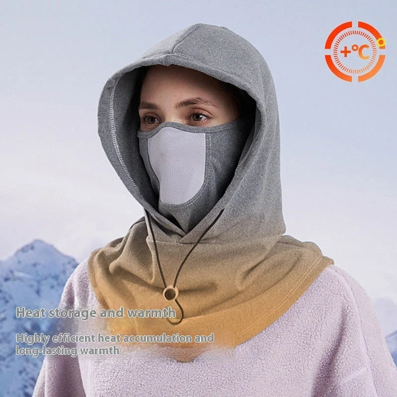 Versatile thermal fleece scarf in various colors, including black, dark gray, light gray, and pink, with adjustable drawstring and transformable design