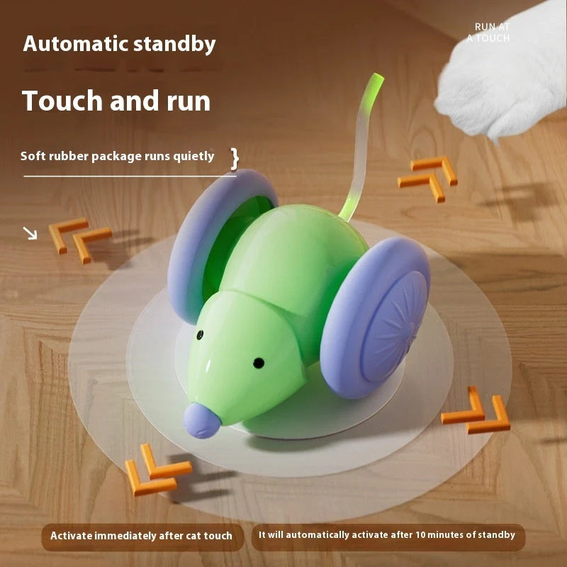 Interactive electric mouse car cat toy in green and white with intelligent obstacle avoidance