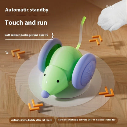 Interactive electric mouse car cat toy in green and white with intelligent obstacle avoidance
