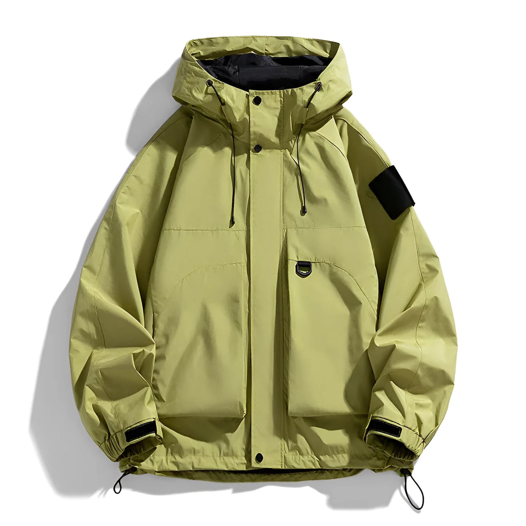Men's waterproof hooded jacket in black, ginger yellow or purple colours showing regular length cut and long sleeves
