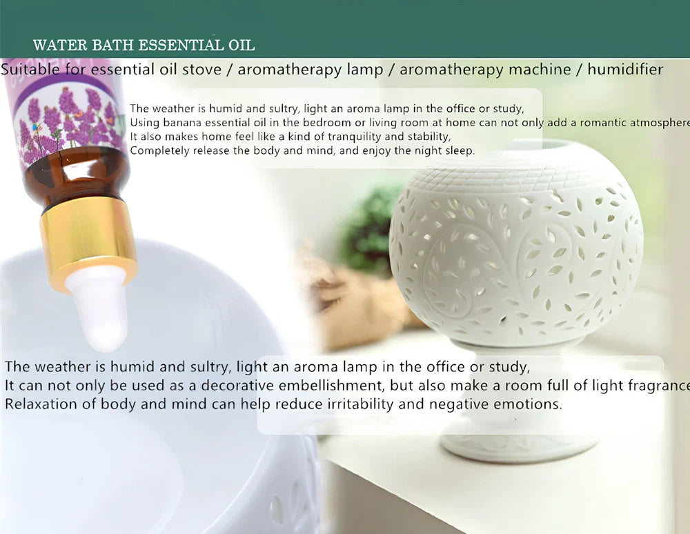 Box of 12 round plastic aromatherapy oil bottles, 25-50mL, featuring lemon, rose, jasmine, lavender floral scents