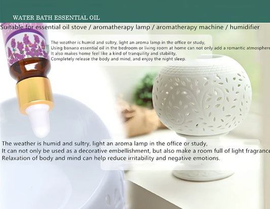 Box of 12 round plastic aromatherapy oil bottles, 25-50mL, featuring lemon, rose, jasmine, lavender floral scents