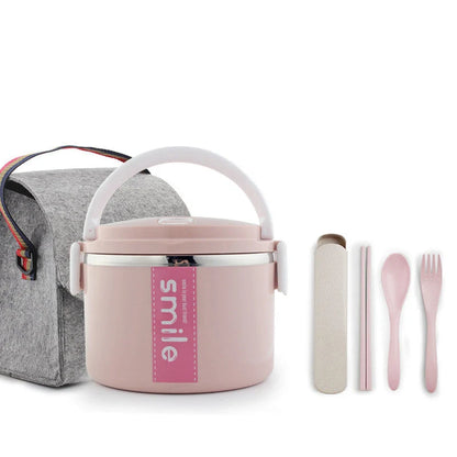 Stainless steel lunch box with built-in spoon, leak-proof design, in green, pink, and blue
