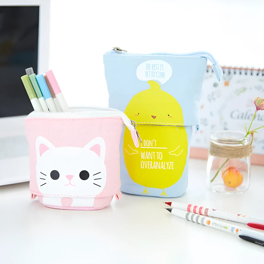 Round Korean-style canvas pencil bag with cartoon pattern measuring 19x7.5x12.5cm