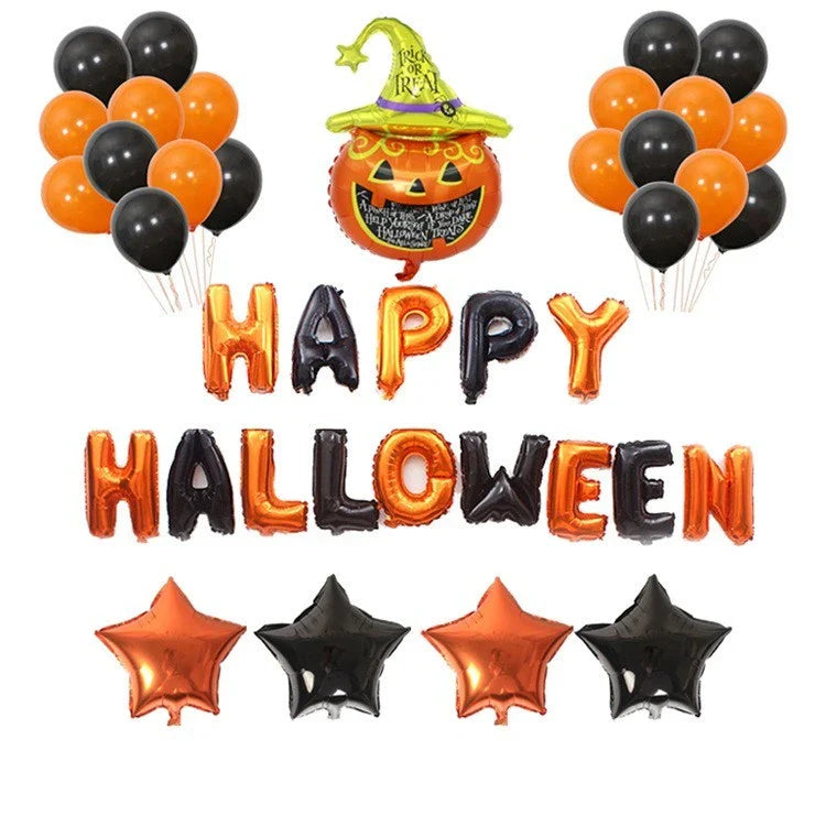 Helium-filled Halloween pumpkin balloons in various vibrant styles, perfect for decorating parties and homes