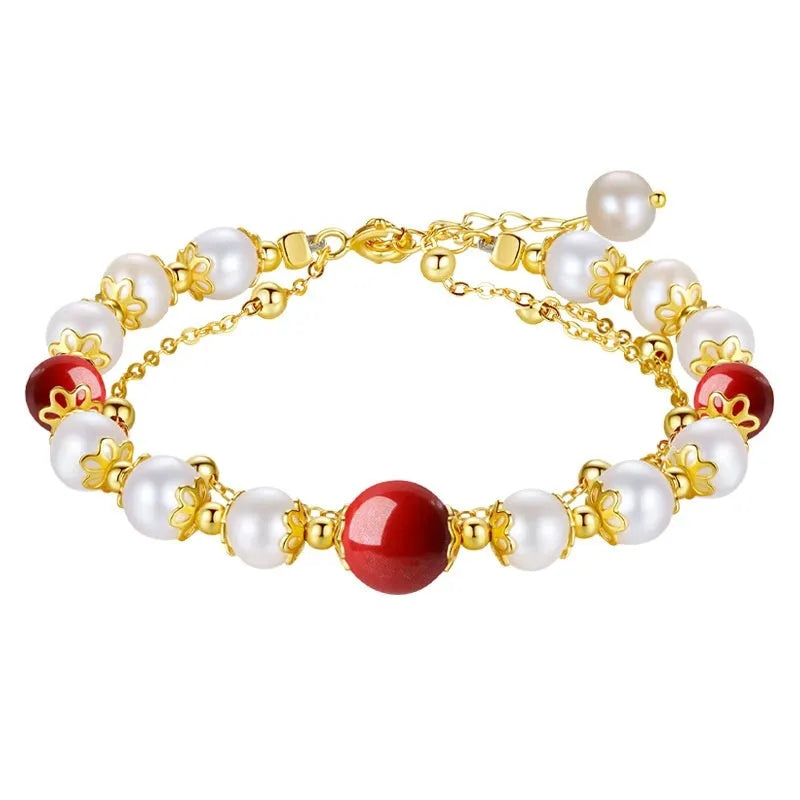 Sterling silver double-layer bracelet with freshwater pearls in white moonlight and cinnabar mole colours