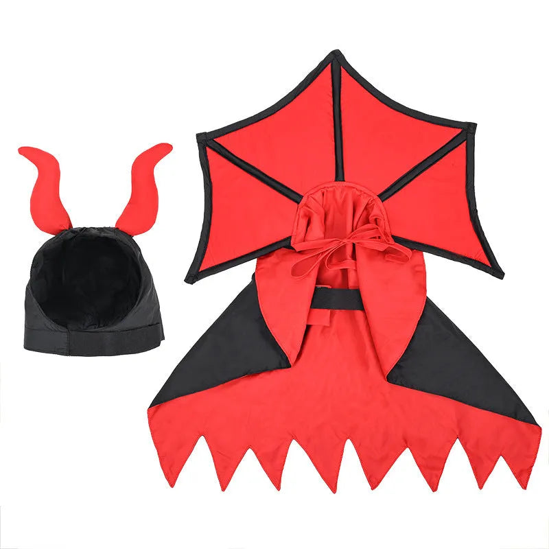 Black Halloween vampire costume for pets including cloak and hat on animal model