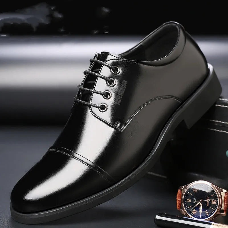 Men's genuine leather height increasing business shoes, JH001 Black, low-top round toe with sewing thread detailing