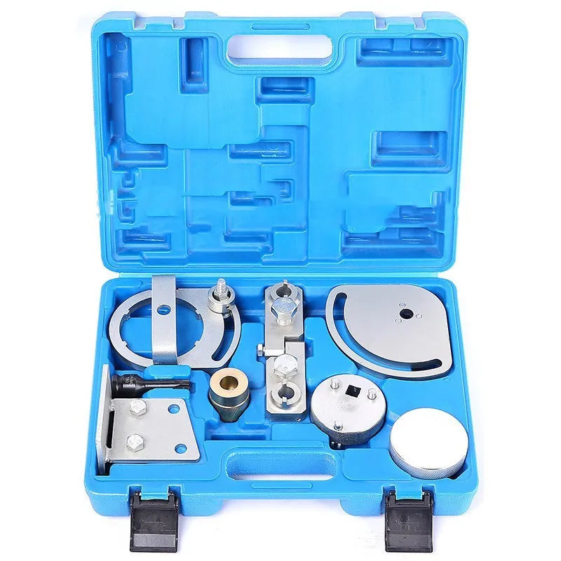 Volvo engine timing tool set with 8 carbon steel alignment tools for cylinder head work.