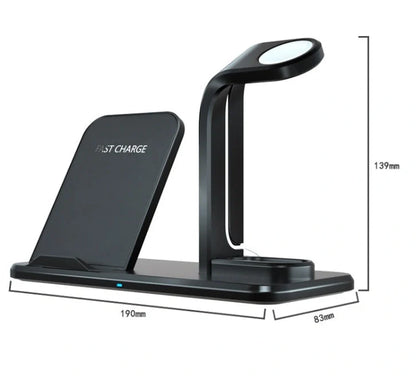 Black wireless charger bracket showing phone charging position with 10W output and dual USB ports