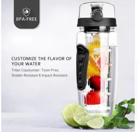 Free fruit infuser shaker bottle 900ml leak-proof portable in black with removable fruit holder